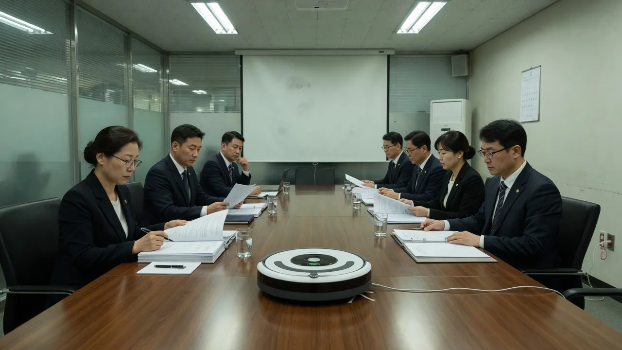 회의실 탁자에 로봇청소기를 올려놓고 진지하게 회의하는 사람들